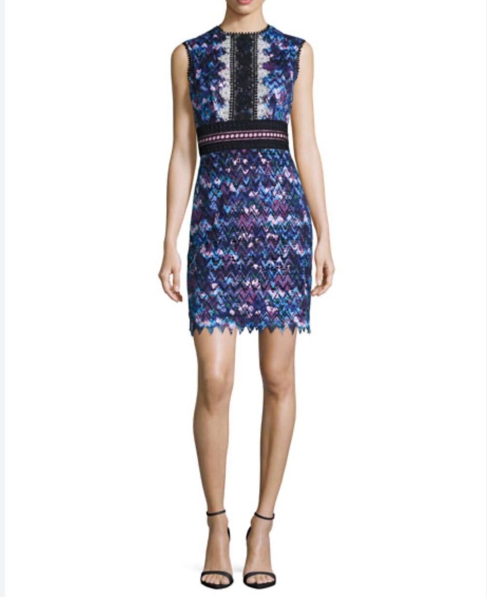 Saloni Trudi Sleeveless Chevron Lace Cocktail Dress Blue Multicolor
